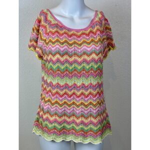 Vintage Sigrid Olsen Rainbow Chevron Crochet Sweater Size L Festival Fairy Twee